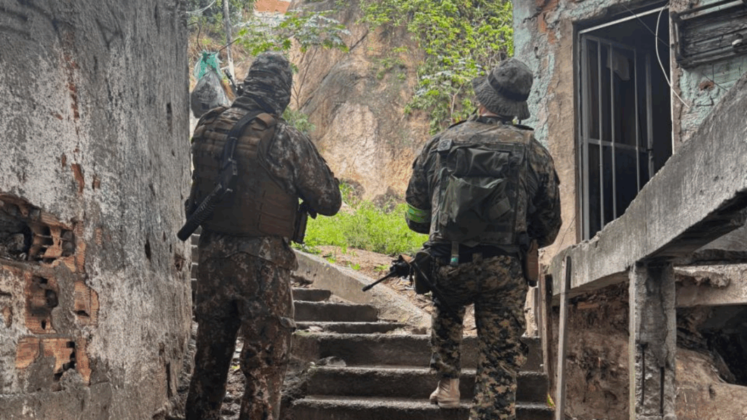 Policiais militares de costas, subindo uma escada, em uma comunidade.