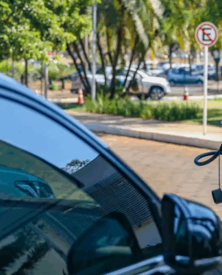 Carro elétrico parado num ponto de recarga enquanto é reabastecido