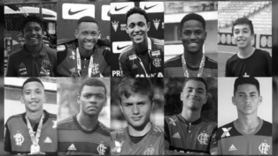 Montagem em preto e branco com a foto das dez vitimas do incêndio no Ninho do Urubu