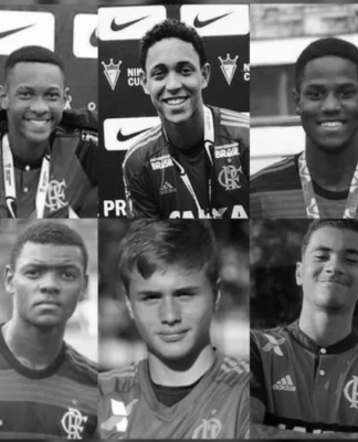 Montagem em preto e branco com a foto das dez vitimas do incêndio no Ninho do Urubu