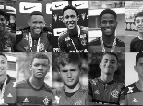 Montagem em preto e branco com a foto das dez vitimas do incêndio no Ninho do Urubu