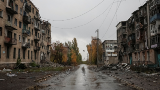 Rua vazia cercada dos prédios arrasados pela guerra