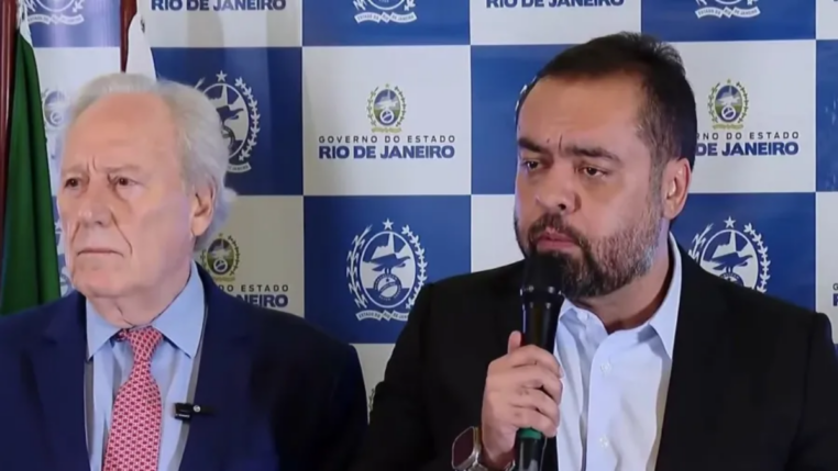 Ministro da Justiça e Segurança Pública, Ricardo Lewandowski, e o governador do Rio de Janeiro, Cláudio Castro, durante coletiva para anúncio de ações conjuntas contra o crime organizado no estado