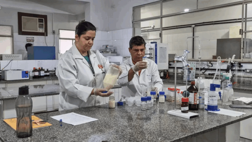 Frascos de leite materno armazenados em laboratório, com etiquetas e tampas coloridas, simbolizando o uso de tecnologia na coleta e conservação de leite humano para recém-nascidos prematuros.