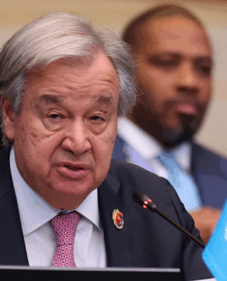 Secretário-geral da ONU, António Guterres, falando durante conferência da ONU