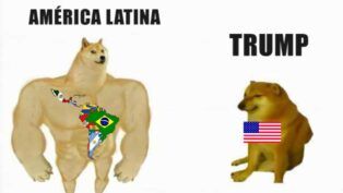 Imagem mostra meme com dois cachorros. Um deles, intitulado "América Latina", é o fortão. O outro, acoado e mirrado, representa o Trump. O meme ilustra os conflitos entre os EUA e América Latina.