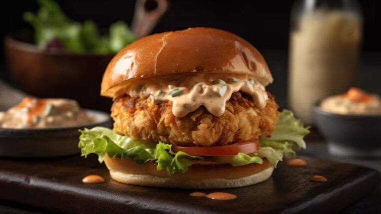 Sanduíche de frango com salada e molho