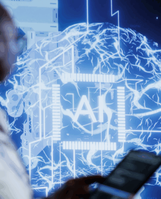 Pessoa em um fundo com o texto AI