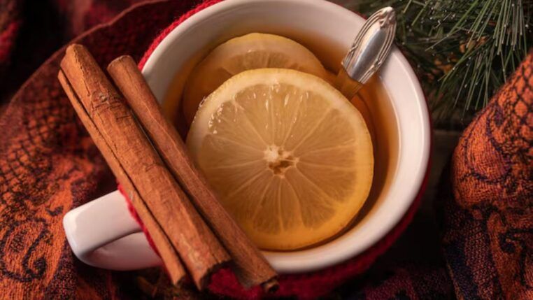 Xícara com chá de canela com rodelas de limão