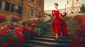 Protagonista Lilly Collins de Emily Em Paris , descendo uma escada de vestido vermelho