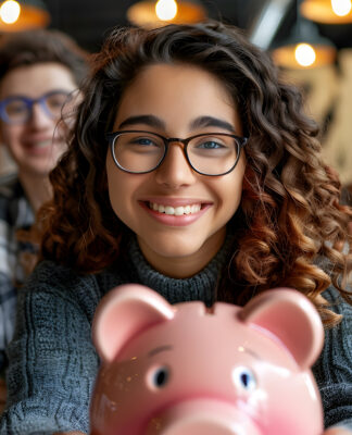Grupo de jovens segurando um cofrinho