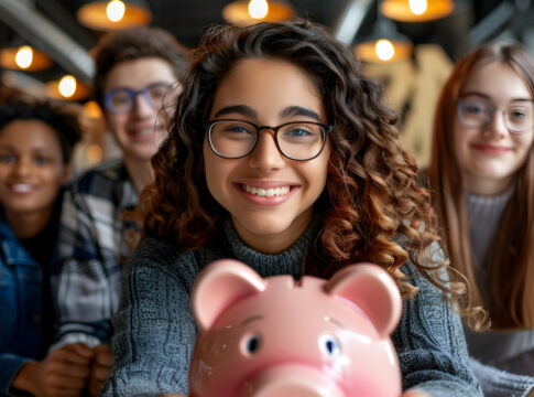Grupo de jovens segurando um cofrinho