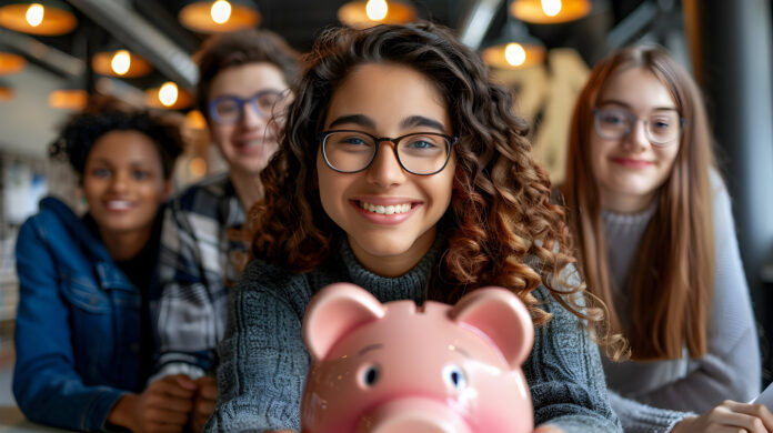 Grupo de jovens segurando um cofrinho