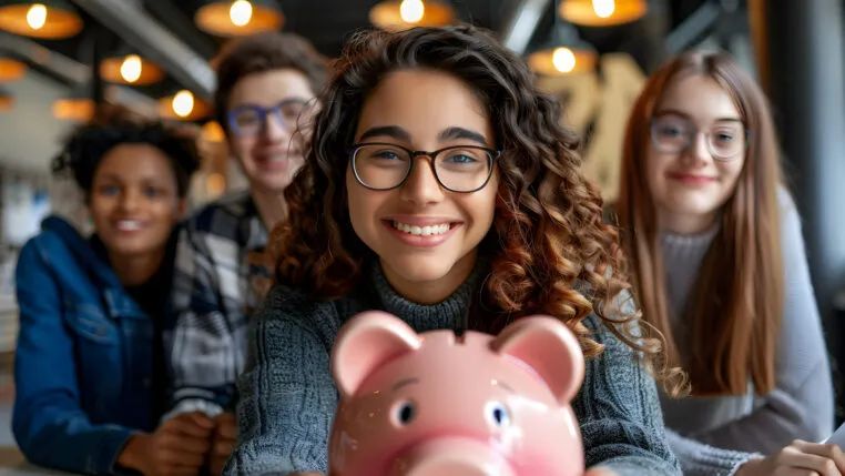 Grupo de jovens segurando um cofrinho