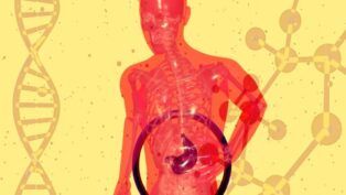 Imagem colorida de ilustração de pessoa com dor no fígado