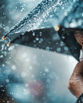 Mulher segurando um guarda-chuva em dia de chuva, espirrando com um lenço de papel no nariz