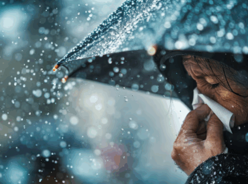 Mulher segurando um guarda-chuva em dia de chuva, espirrando com um lenço de papel no nariz