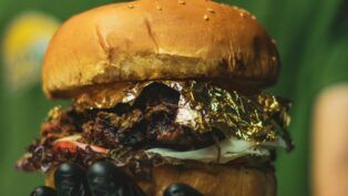 Hambúrguer com ingredientes dourados