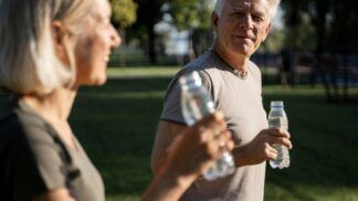 Idosos bebendo água ao ar livre