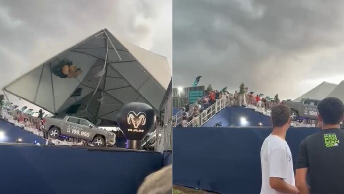 Vendaval derruba cobertura de arquibancada de circuito mundial de beach tennis, em SP