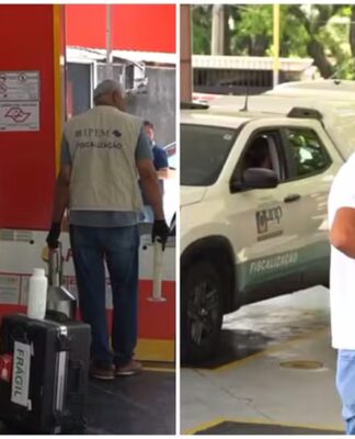 Colagem com duas imagens do posto de gasolina que vende etanol adulterado