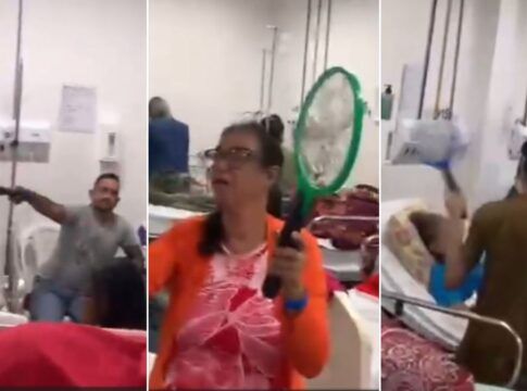Imagem mostra uma montagem em que três pessoas usam raquetes elétricas para se defenderem de mosquitos, dentro de leito do Hospital Getúlio Vargas, em Pernambuco.