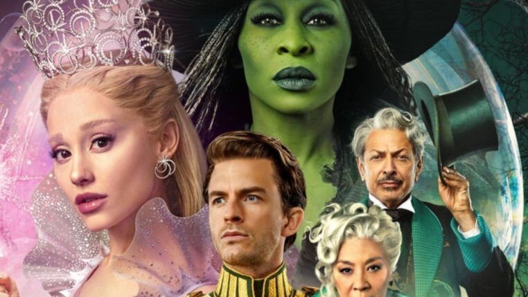 Imagem com os personagens principais do filme Wicked: Glinda, Fiyero, Mágico de Oz, Elfaba e Madame morrible