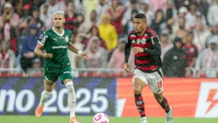 Jogadores do Palmeiras e Flamengo disputam a bola em campo