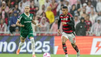 Jogadores do Palmeiras e Flamengo disputam a bola em campo