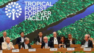 Autoridades e representantes de diferentes países e organizações sentados à mesa durante evento do “Tropical Forest Forever Facility”, com imagem aérea de floresta tropical e rios projetada ao fundo.