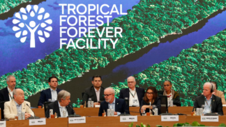 Autoridades e representantes de diferentes países e organizações sentados à mesa durante evento do “Tropical Forest Forever Facility”, com imagem aérea de floresta tropical e rios projetada ao fundo.