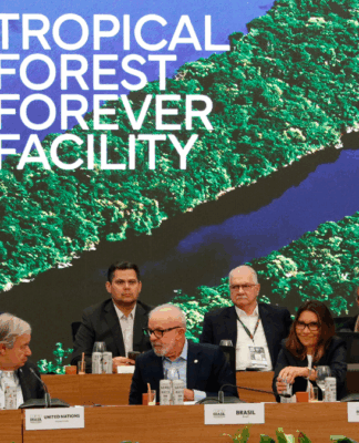 Autoridades e representantes de diferentes países e organizações sentados à mesa durante evento do “Tropical Forest Forever Facility”, com imagem aérea de floresta tropical e rios projetada ao fundo.