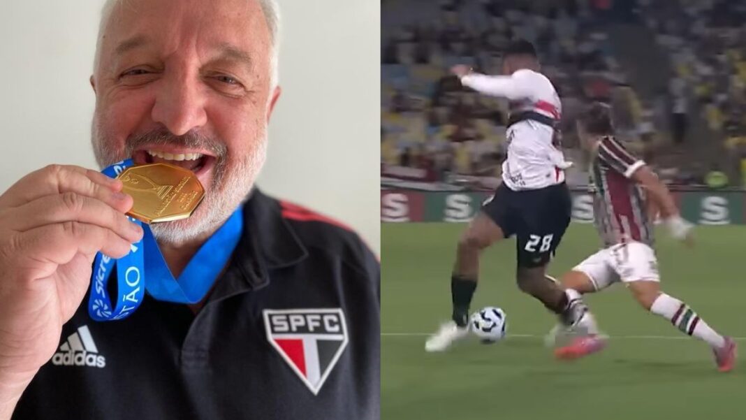 Montagem lado a lado: À esquerda, Carlos Belmonte com a camisa do São Paulo e mordendo uma medalha de ouro; à direita, o atleta Alan Franco (São Paulo) errando um passe na frente do atleta Canobbio (Fluminense)