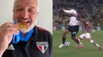 Montagem lado a lado: À esquerda, Carlos Belmonte com a camisa do São Paulo e mordendo uma medalha de ouro; à direita, o atleta Alan Franco (São Paulo) errando um passe na frente do atleta Canobbio (Fluminense)