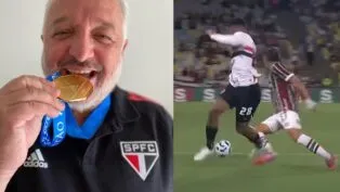 Montagem lado a lado: À esquerda, Carlos Belmonte com a camisa do São Paulo e mordendo uma medalha de ouro; à direita, o atleta Alan Franco (São Paulo) errando um passe na frente do atleta Canobbio (Fluminense)