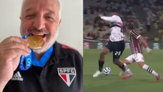 Montagem lado a lado: À esquerda, Carlos Belmonte com a camisa do São Paulo e mordendo uma medalha de ouro; à direita, o atleta Alan Franco (São Paulo) errando um passe na frente do atleta Canobbio (Fluminense)