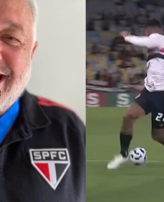 Montagem lado a lado: À esquerda, Carlos Belmonte com a camisa do São Paulo e mordendo uma medalha de ouro; à direita, o atleta Alan Franco (São Paulo) errando um passe na frente do atleta Canobbio (Fluminense)
