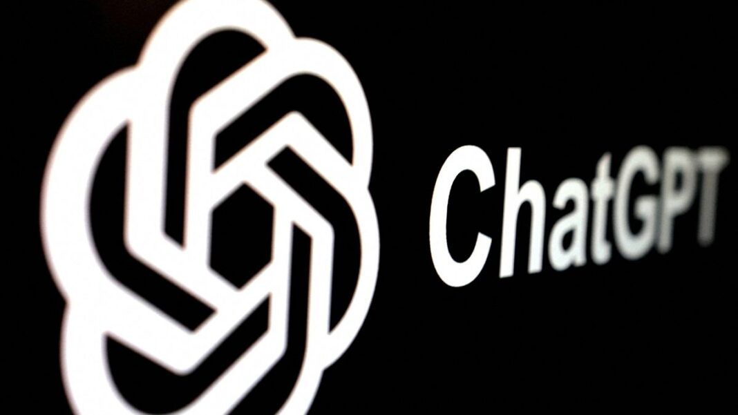 Logomarca do ChatGPT, em branco, sob um fundo preto