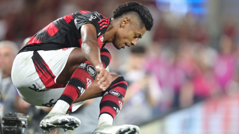 Atacante Bruno Henrique, do Flamengo, comemora seu gol contra o Santos