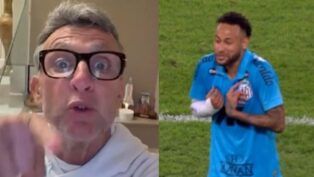 Imagem dividida pela metade: de um lado, um frame do vídeo de Neto apontando para a câmera; do outro, Neymar durante a partida contra o Flamengo, indignado por ser substituído