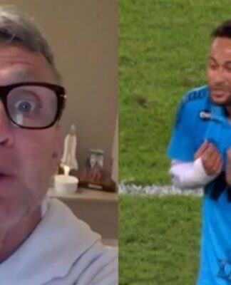 Imagem dividida pela metade: de um lado, um frame do vídeo de Neto apontando para a câmera; do outro, Neymar durante a partida contra o Flamengo, indignado por ser substituído