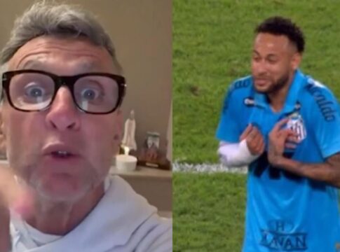 Imagem dividida pela metade: de um lado, um frame do vídeo de Neto apontando para a câmera; do outro, Neymar durante a partida contra o Flamengo, indignado por ser substituído
