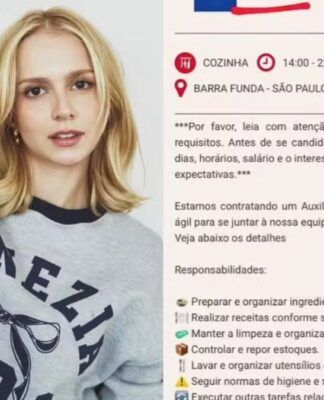 Imagem dividida pela metade: de um lado, uma foto de Isa Scherer segurando ingredientes de cozinha, e do outro, a postagem que descreve a vaga de emprego