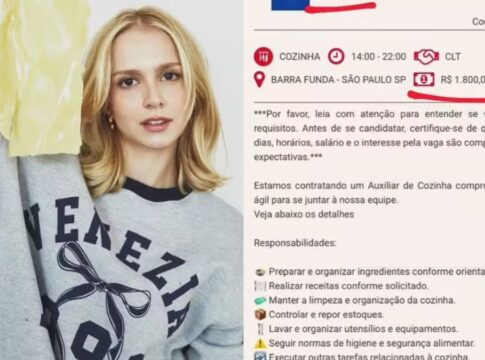 Imagem dividida pela metade: de um lado, uma foto de Isa Scherer segurando ingredientes de cozinha, e do outro, a postagem que descreve a vaga de emprego