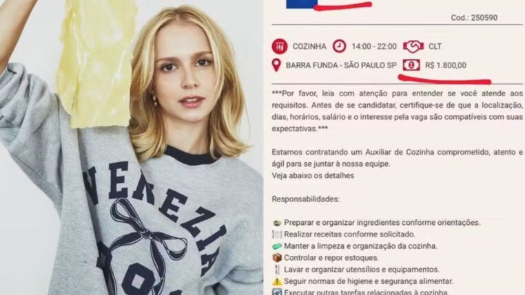 Imagem dividida pela metade: de um lado, uma foto de Isa Scherer segurando ingredientes de cozinha, e do outro, a postagem que descreve a vaga de emprego