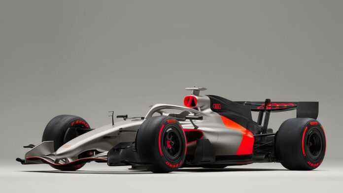 Novo carro da Audi, nas cores prata, vermelho e preto