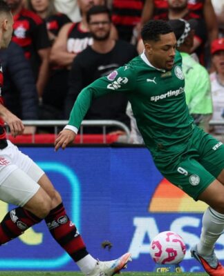 Jogadores do Palmeiras e do Flamengo em disputa de bola durante partida