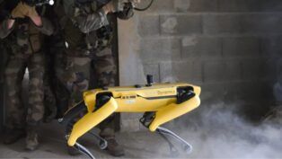 Foto do cão robô Spot, de cor amarela, durante atuação em missão militar
