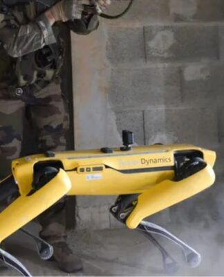 Foto do cão robô Spot, de cor amarela, durante atuação em missão militar