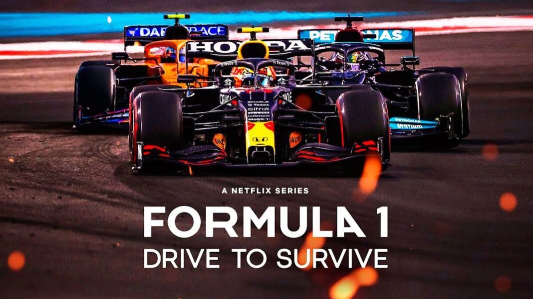 Capa da série Drive to Survive, com carros de F-1 ao fundo